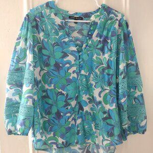 COMO BLACK Tropical print women’s top button 3/4 sleeves L casual event cruise